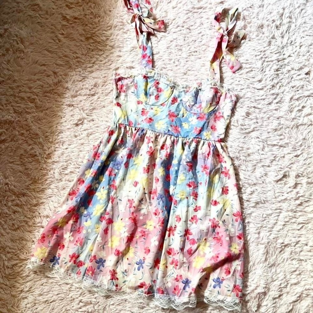 Pastel‎ Floral Milkmaid Fairycore Lace Bustier Dress Womens L Cottage Core Twee